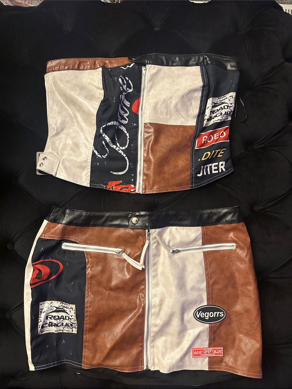 Fashion Nova Patchwork Faux Leather Skirt Set in Brown, Black & Cream